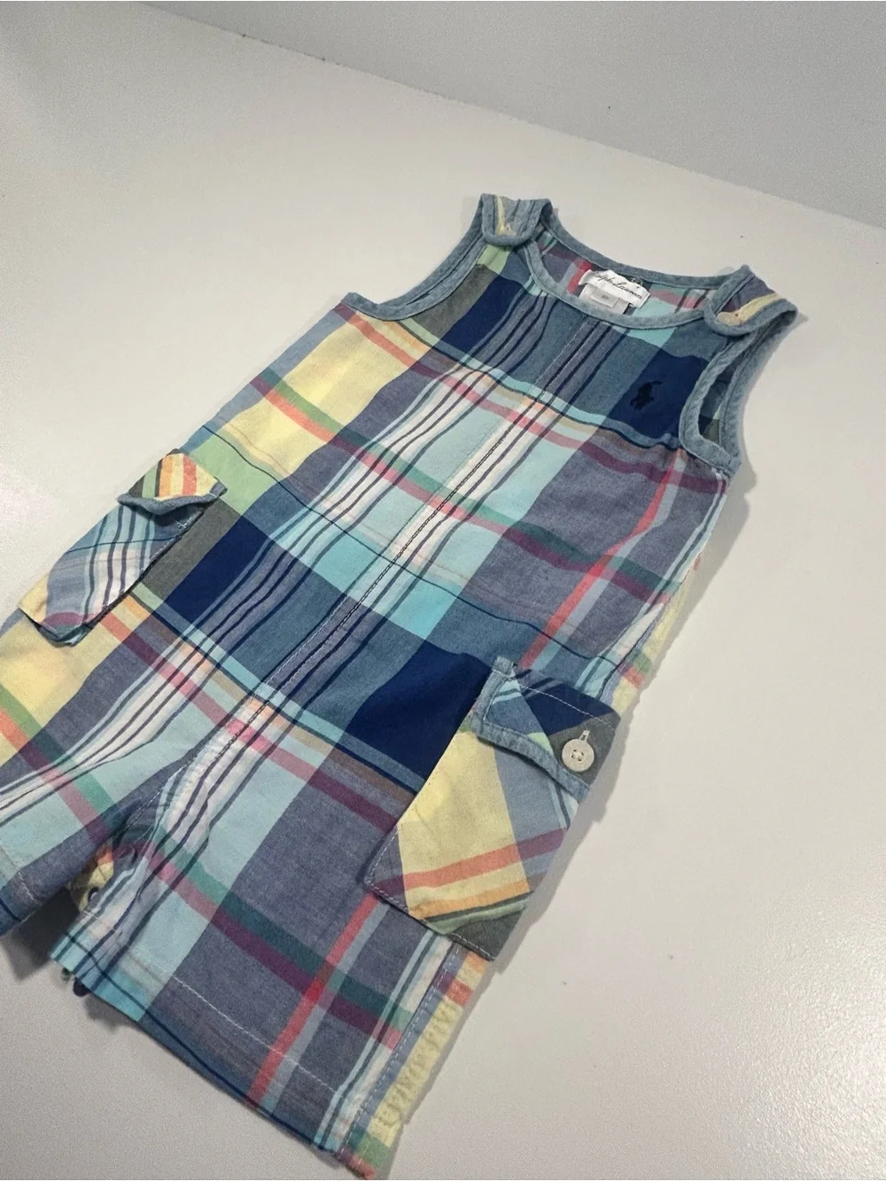 Ralph Lauren Baby 6M Blue Plaid Sleeveless Romper Shortall One Piece